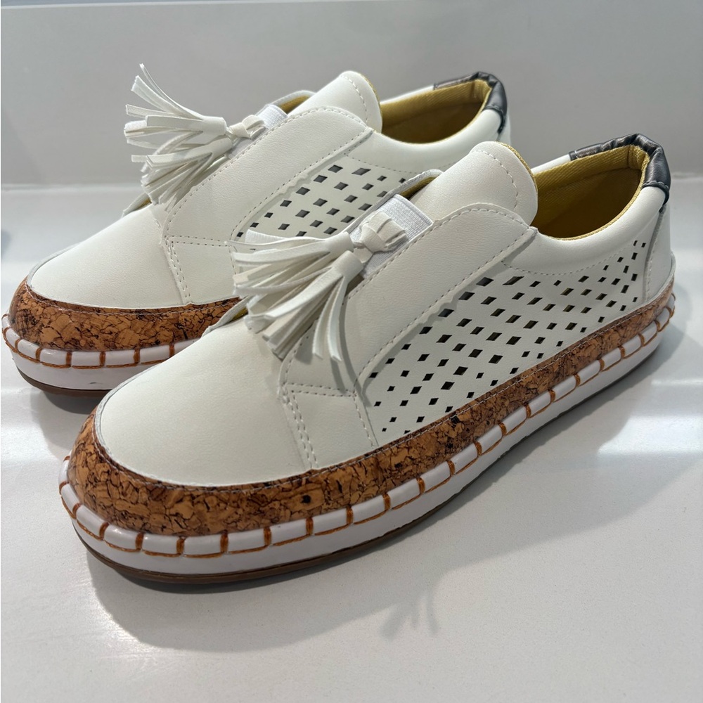 White Tassel Slip-On Sneakers with Cork Sole